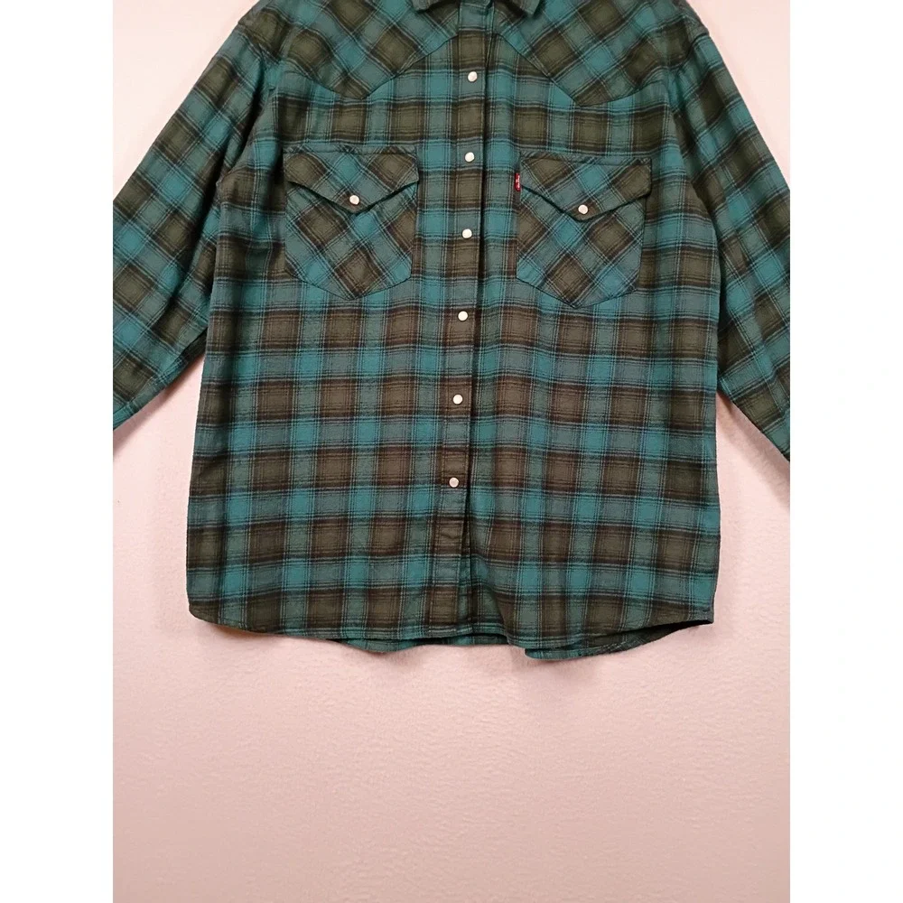 Western Grunge Levis Mens Large Teal Plaid Pearl Snap Flannel Work Shirt L